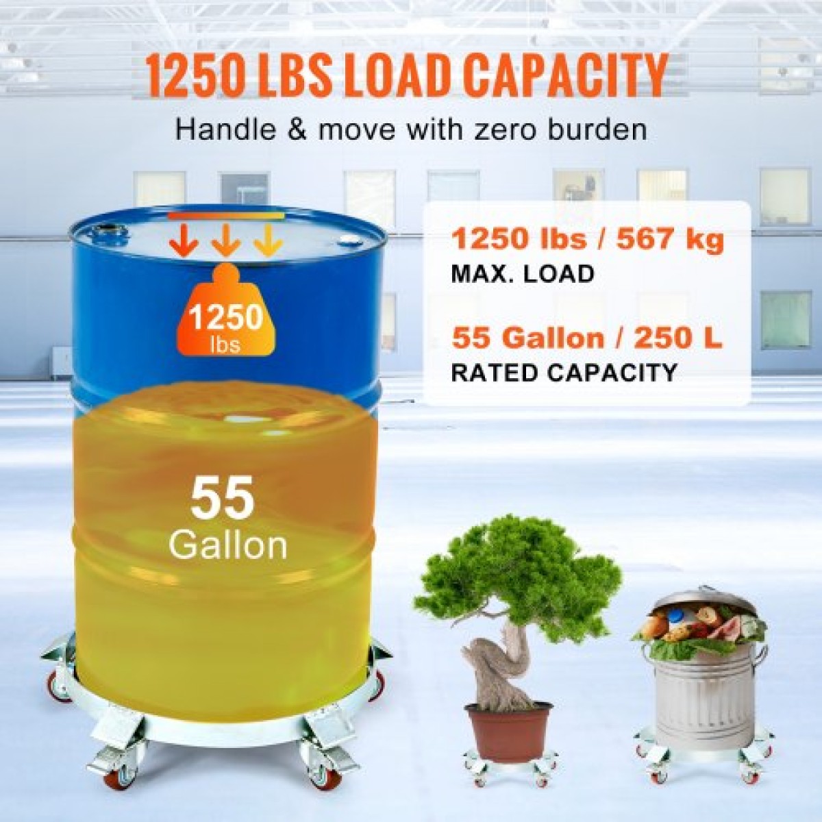 VEVOR 208,2 L Heavy Duty Drum Dolly, χωρητικότητα 567 kg, Barrel Dolly Cart Drum Caddy, Hand Truck Capacity Dollies with Steel Frame 5 Swivel Casters Wheel, για χειρισμό τυμπάνων αποθήκης