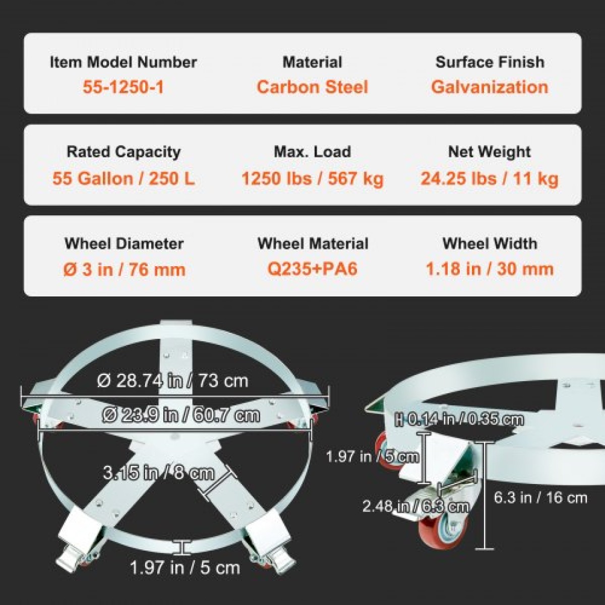 VEVOR 208,2 L Heavy Duty Drum Dolly, χωρητικότητα 567 kg, Barrel Dolly Cart Drum Caddy, Hand Truck Capacity Dollies with Steel Frame 5 Swivel Casters Wheel, για χειρισμό τυμπάνων αποθήκης