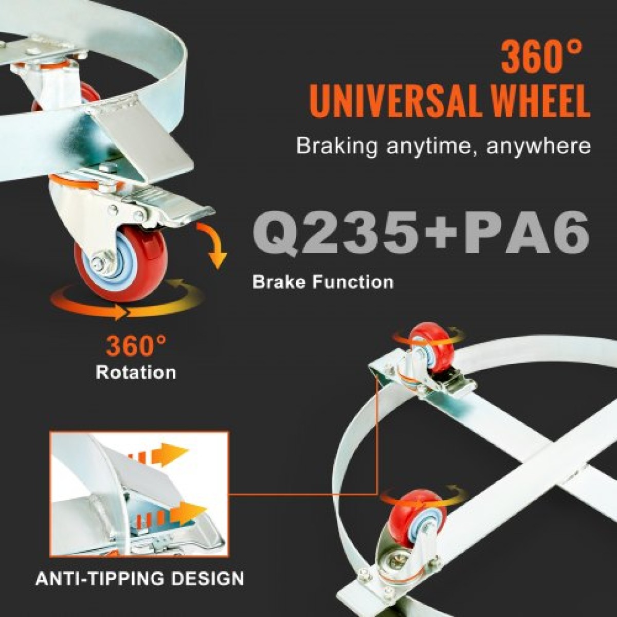 VEVOR 2PCS 208,2 L Heavy Duty Drum Dolly, 453,6 kg Χωρητικότητα φόρτωσης, Barrel Dolly Cart Drum Caddy, Dollies Hand Truck Capacity Non Tipping Hand Truck Capacity with Steel Frame 4 Swivel Casters Wheel, for Drum Handling