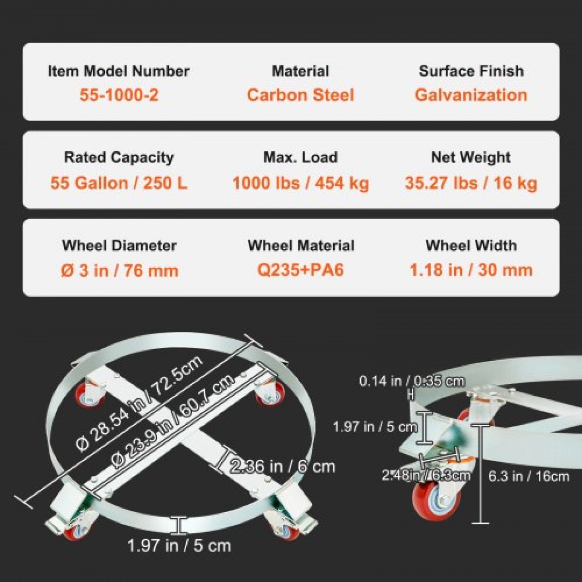VEVOR 2PCS 208,2 L Heavy Duty Drum Dolly, 453,6 kg Χωρητικότητα φόρτωσης, Barrel Dolly Cart Drum Caddy, Dollies Hand Truck Capacity Non Tipping Hand Truck Capacity with Steel Frame 4 Swivel Casters Wheel, for Drum Handling