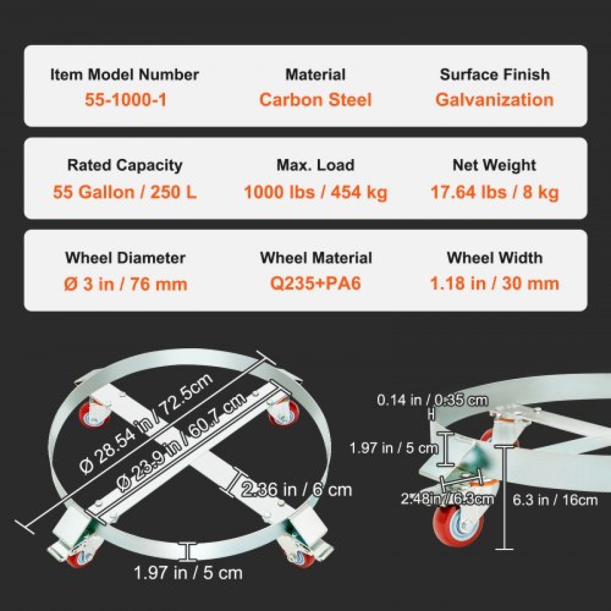 VEVOR 208,2 L Heavy Duty Drum Dolly, 453,6 kg Χωρητικότητα φόρτωσης, Barrel Dolly Cart Drum Caddy, Μη ανατρεπόμενο Hand Truck Capacity Dollies with Steel Frame 4 Swivel Casters Wheel, για χειρισμό τυμπάνων αποθήκης