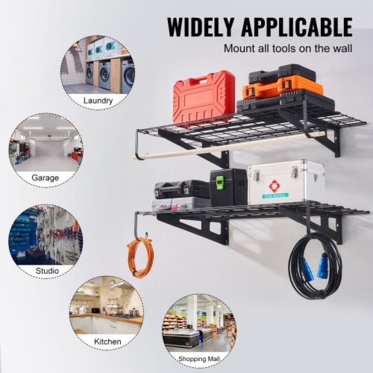 Ράφια αποθήκευσης VEVOR Garage, 2 Pack, 4 x 2 ft Ράφια γκαράζ βαρέως τύπου Επιτοίχια, χωρητικότητα φόρτωσης 500 lbs (Συνολική) Πλωτά ράφια αποθήκευσης γκαράζ, Κατάλληλα για κατάστημα, υπόστεγο, αποθήκευση γκαράζ