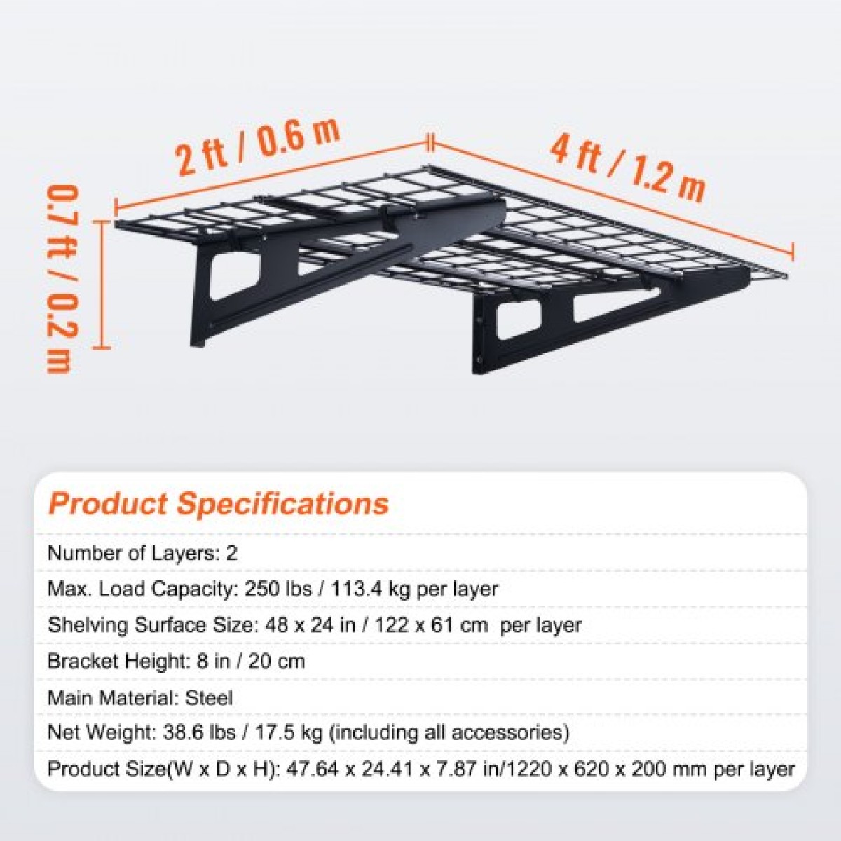 Ράφια αποθήκευσης VEVOR Garage, 2 Pack, 4 x 2 ft Ράφια γκαράζ βαρέως τύπου Επιτοίχια, χωρητικότητα φόρτωσης 500 lbs (Συνολική) Πλωτά ράφια αποθήκευσης γκαράζ, Κατάλληλα για κατάστημα, υπόστεγο, αποθήκευση γκαράζ