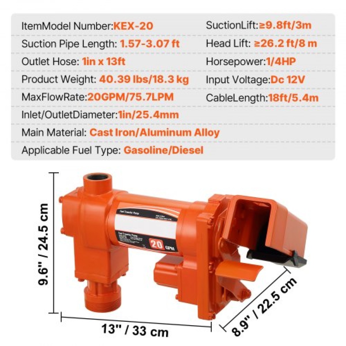 Αντλία μεταφοράς καυσίμου VEVOR, 12V DC 20 GPM 1/4 HP, αντλία εξαγωγής βενζίνης με αυτόματο ακροφύσιο, σωλήνας εκκένωσης και σωλήνα αναρρόφησης για μείγματα βενζίνης, ντίζελ, κηροζίνης, αιθανόλης και μεθανόλης και βιοντίζελ