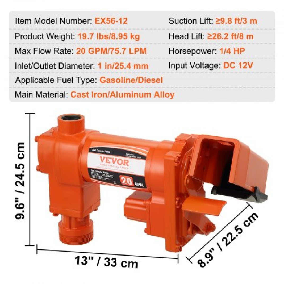 Αντλία μεταφοράς καυσίμου VEVOR, 12V DC 20 GPM 1/4 HP, αντλία εξαγωγής βενζίνης από χυτοσίδηρο υψηλής ροής με σχέδιο κιβωτίου συλλογής καυσίμου για βενζίνη, ντίζελ, κηροζίνη, μείγματα αιθανόλης και μεθανόλης και βιοντίζελ