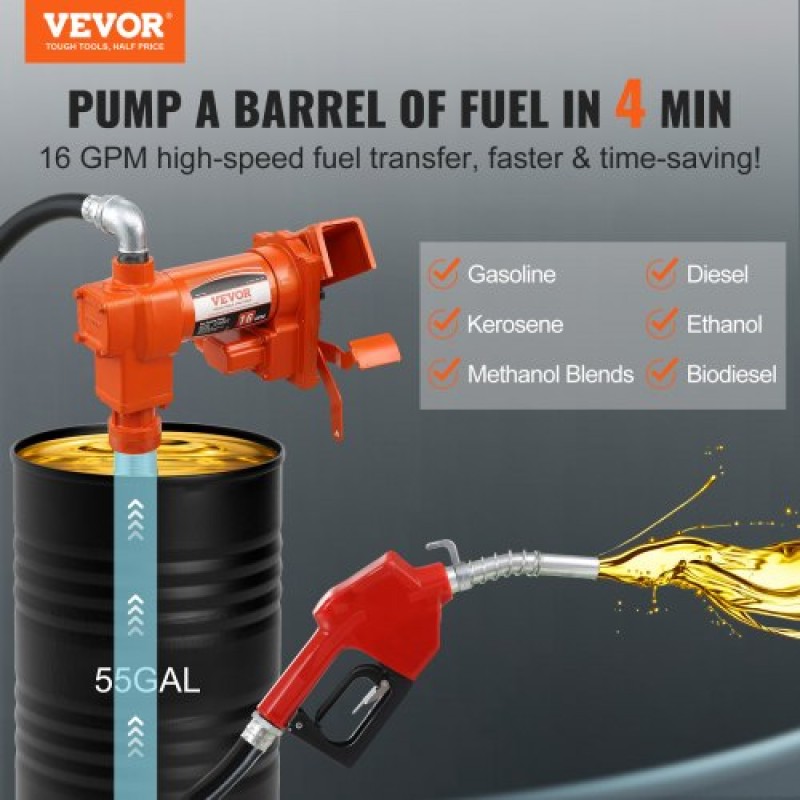 Αντλία μεταφοράς καυσίμου VEVOR, 12V DC 16 GPM 1/4 HP, αντλία εξαγωγής βενζίνης με αυτόματο ακροφύσιο, σωλήνας εκκένωσης και σωλήνα αναρρόφησης για μείγματα βενζίνης, ντίζελ, κηροζίνης, αιθανόλης και μεθανόλης και βιοντίζελ