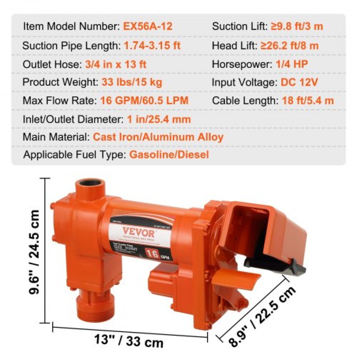 Αντλία μεταφοράς καυσίμου VEVOR, 12V DC 16 GPM 1/4 HP, αντλία εξαγωγής βενζίνης με αυτόματο ακροφύσιο, σωλήνας εκκένωσης και σωλήνα αναρρόφησης για μείγματα βενζίνης, ντίζελ, κηροζίνης, αιθανόλης και μεθανόλης και βιοντίζελ