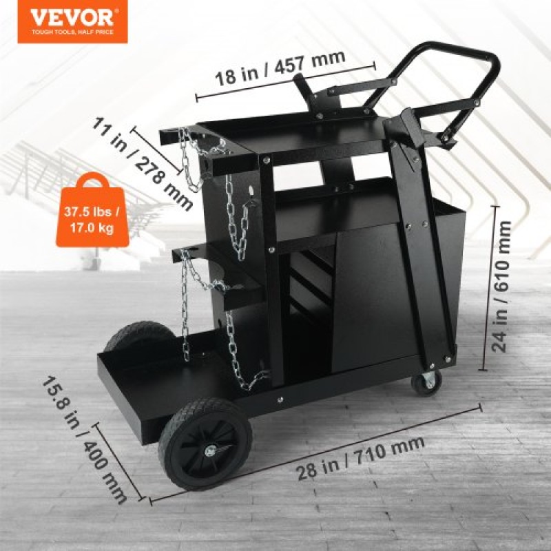 Καροτσάκι συγκόλλησης VEVOR, καρότσι συγκόλλησης 2 επιπέδων 4 συρταριών με χωρητικότητα βάρους 120,2 κιλών, περιστρεφόμενοι τροχοί 360°, αλυσίδες ασφαλείας αποθήκευσης δεξαμενής, καρότσι συγκόλλησης MIG βαρέως τύπου για Mig Welder και Plasma Cutter