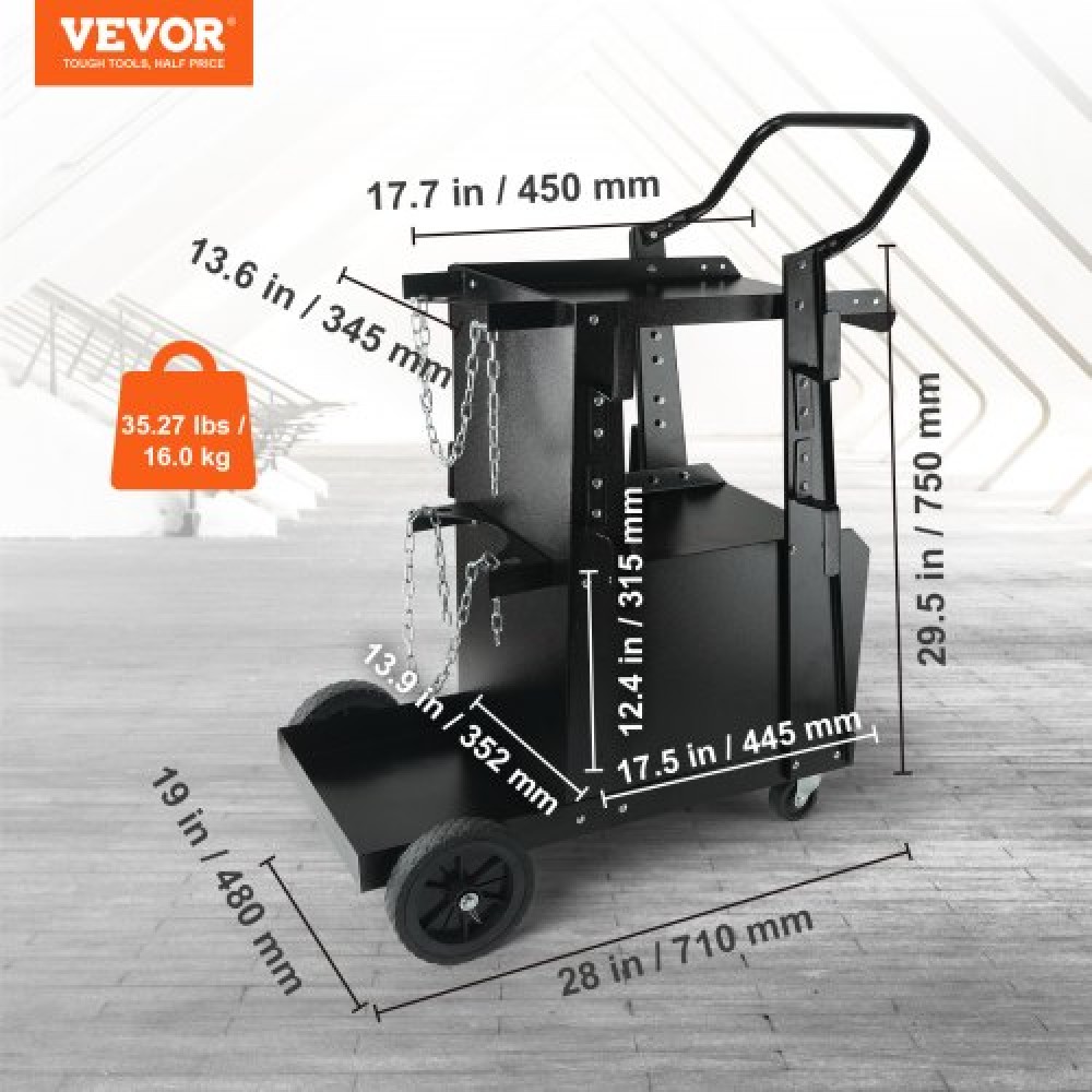 Καρότσι συγκόλλησης VEVOR, 2-επιπέδων καροτσάκι βαρέως τύπου με αντικλεπτικό ντουλάπι που κλειδώνει, χωρητικότητα 120,2 kg, περιστρεφόμενοι τροχοί 360°, αλυσίδες ασφαλείας αποθήκευσης δεξαμενής, ντουλάπι συγκόλλησης για TIG, ARC, κόφτης πλάσματος