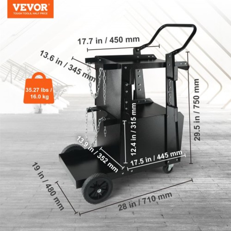 Καρότσι συγκόλλησης VEVOR, 2-επιπέδων καροτσάκι βαρέως τύπου με αντικλεπτικό ντουλάπι που κλειδώνει, χωρητικότητα 120,2 kg, περιστρεφόμενοι τροχοί 360°, αλυσίδες ασφαλείας αποθήκευσης δεξαμενής, ντουλάπι συγκόλλησης για TIG, ARC, κόφτης πλάσματος