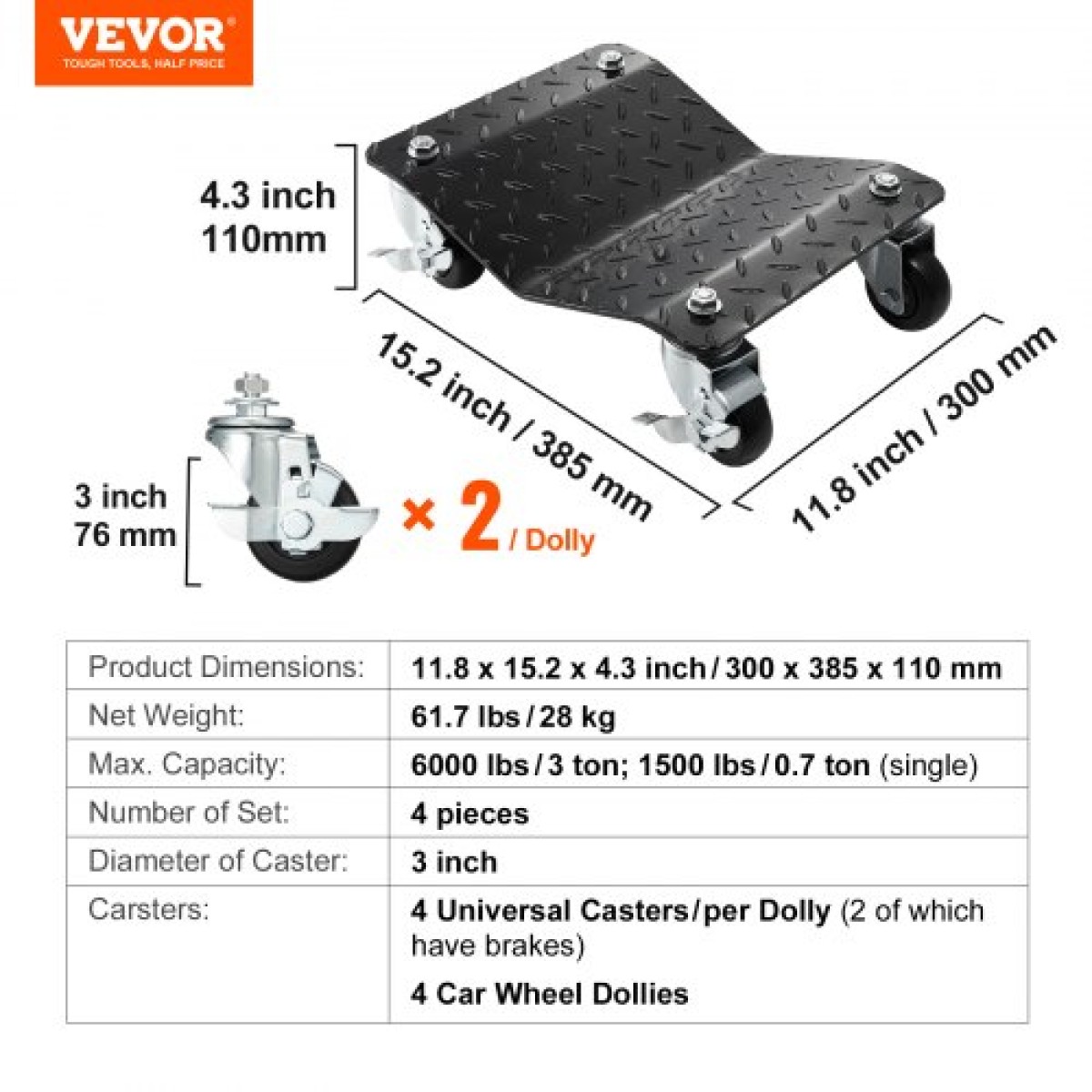 VEVOR Car Dolly Wheel Tire Dolly 4 ΤΕΜ. Heavy Duty Skate Auto Repair Dolly 2721,6 kg