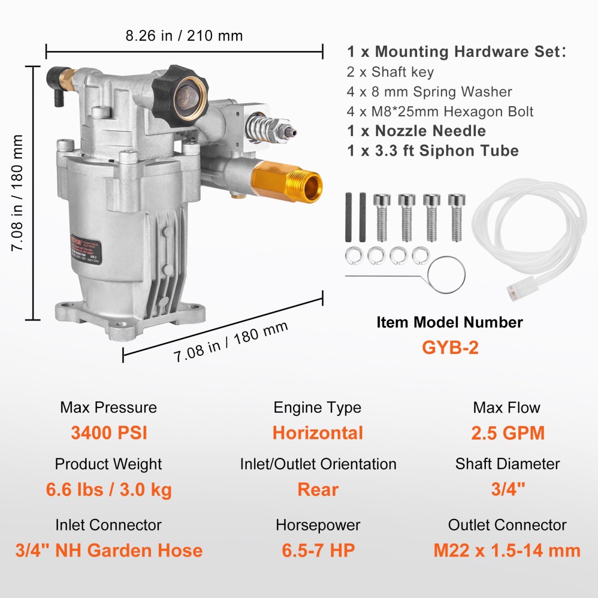 Αντλία VEVOR Pressure Washer, 19 mm Shaft Horizontal, 3400 PSI, 2.5GPM, Ανταλλακτικό κιτ αντλιών ηλεκτρικού πλυσίματος, Αντλία πλύσης ανταλλακτικών, Συμβατό με Honda, Simpson, RYOBI, Briggs & Stratton, Subaru, Craftsman