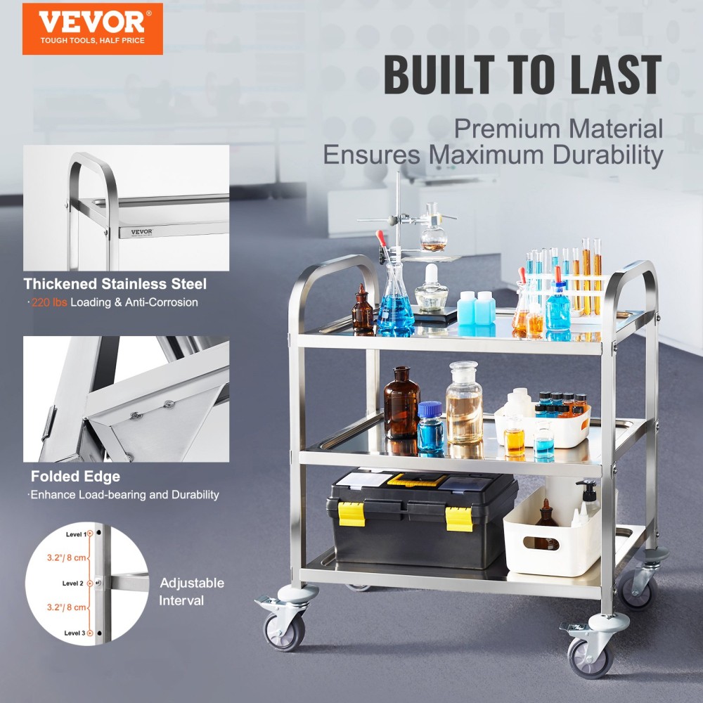 VEVOR Stainless Steel Cart, 3 Layers Lab Utility Cart 181,4kg Weight Capacity, Medical Cart with lockable Universal Wheels, for Lab, Clinic, Kitchen, Salon