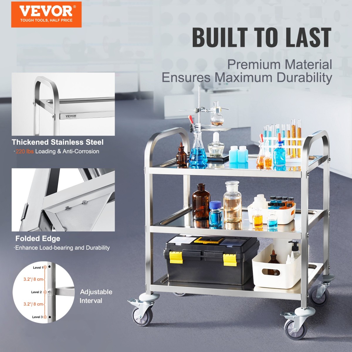 VEVOR Stainless Steel Cart, 3 Layers Lab Utility Cart 181,4kg Weight Capacity, Medical Cart with lockable Universal Wheels, for Lab, Clinic, Kitchen, Salon