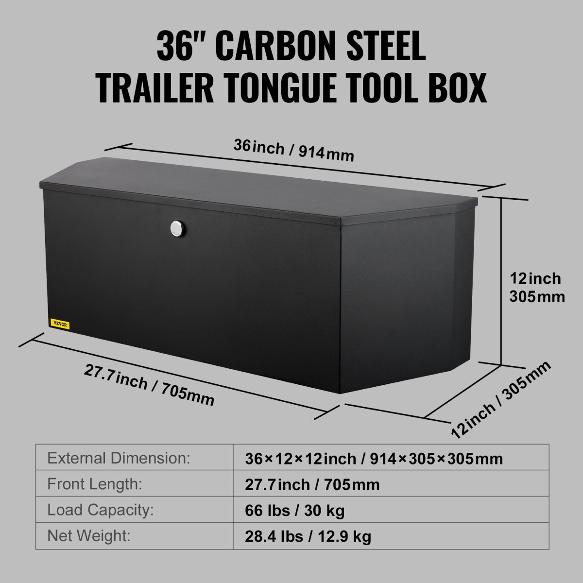 VEVOR Trailer Tongue Box, 914 x 314 x 305 mm Steel Trailer Tongue Tool Box, Βαριά Duty Storage Organizer με κλειδαριά και κλειδιά, βοηθητικό κιβώτιο εργαλείων για κρεβάτι Pickup Truck, RV, SUV, Off-Road Vehicle, Μαύρο