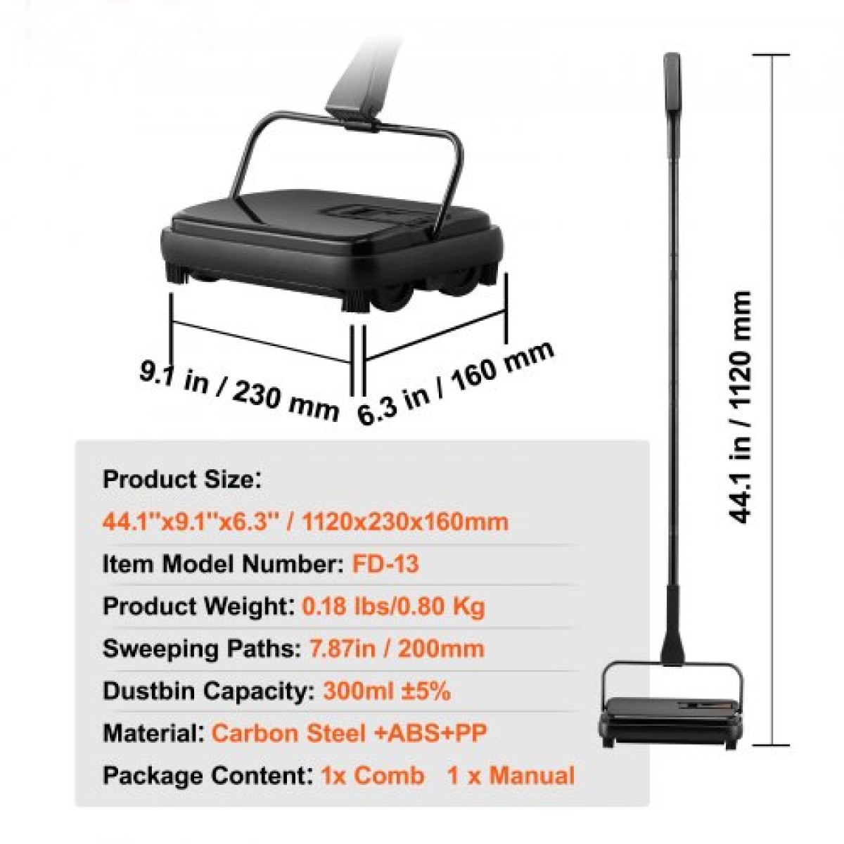 Sweeper χαλιών VEVOR, 20 cm Sweeping Paths, Floor Sweeper Manual Non Electric, 300 ml Dustbin χωρητικότητας με χτένα για χαλιά οικιακού γραφείου Επιφάνειες σκληρού ξύλου Ξύλινα πατώματα Laminate, Καθαρίζει τη σκόνη τρίχες κατοικίδιων