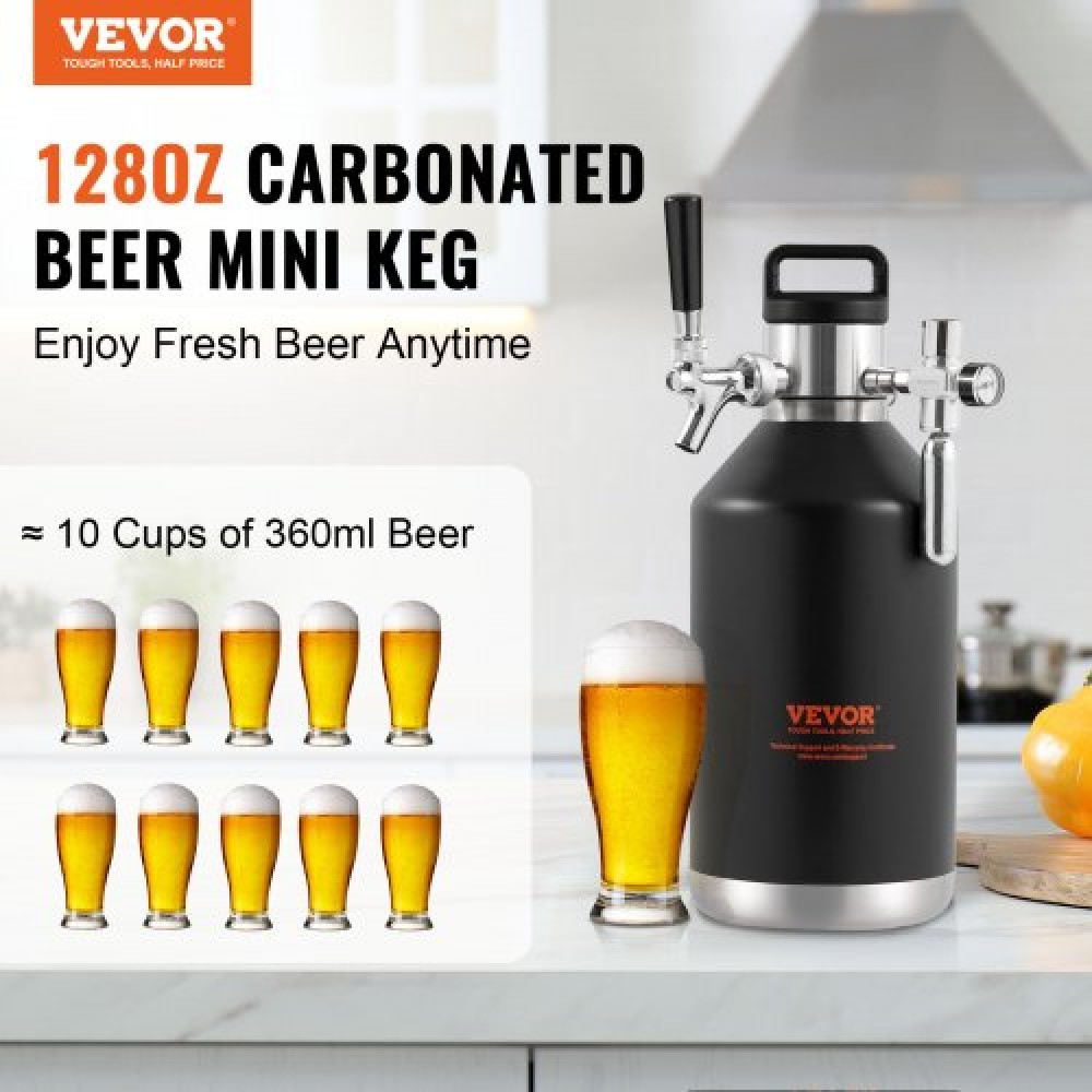 VEVOR Beer Growler Tap System, 128Oz 4L Mini Keg, 304 Stainless Steel Pressurized Beer Growler, Keg Growler with Pressure Display, CO2 Regulator Faucet, Leak-Proof Ring For Draft, Homebrew, Craft Beer