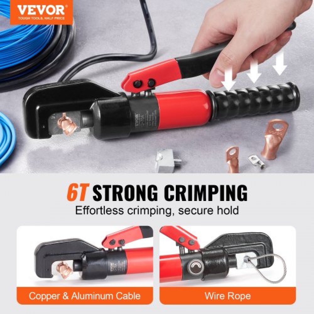VEVOR Crimping Tool, AWG12-2/0 Copper And Aluminum Terminal Battery Lug Hydraulic Crimper, with a Cutting Pliers, Gloves, 10pcs Copper Ring Connectors, 8 x Heat Shrink Sleeves and a Blow Moulded Case