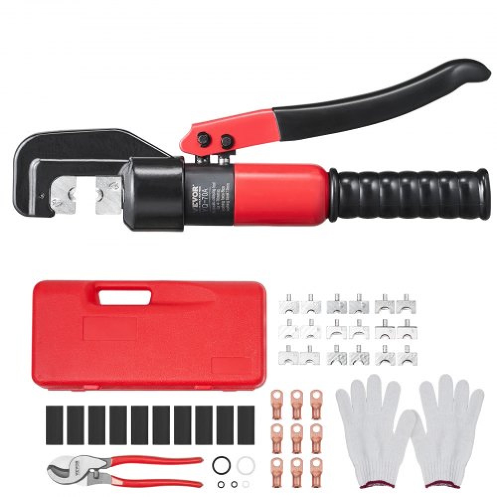 VEVOR Crimping Tool, AWG12-2/0 Copper And Aluminum Terminal Battery Lug Hydraulic Crimper, with a Cutting Pliers, Gloves, 10pcs Copper Ring Connectors, 8 x Heat Shrink Sleeves and a Blow Moulded Case