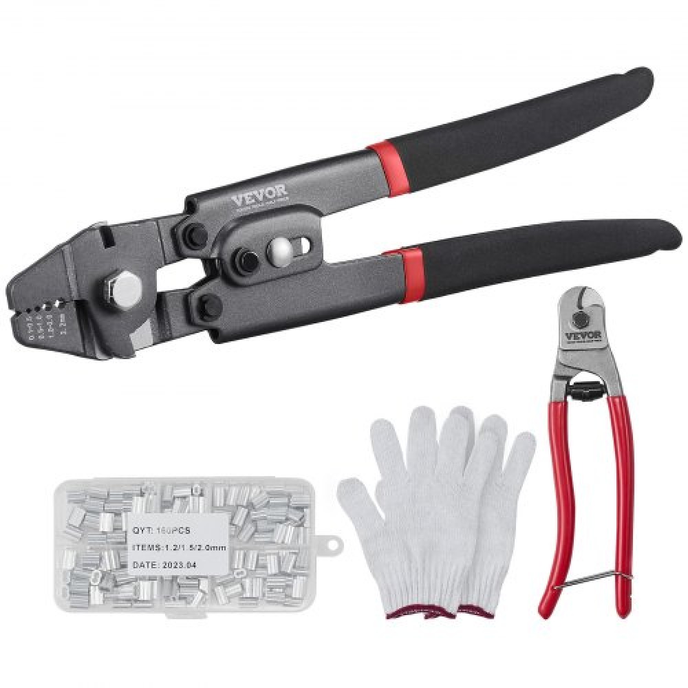 VEVOR Crimping Tool, Up To 2.2mm Wire Rope Crimping Tool, Crimping Loop Sleeve Kit with a Cable Cutter and 160pcs Aluminum Buckles, Teflon Coating Anti-Rust Fishing Crimping Tool
