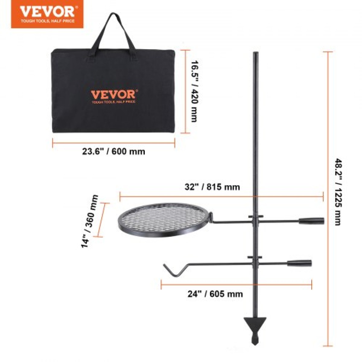 Ρυθμιζόμενη σχάρα μαγειρέματος VEVOR Swivel Campfire Grill Heavy Duty Steel Open Fire Cooking Σχάρα
