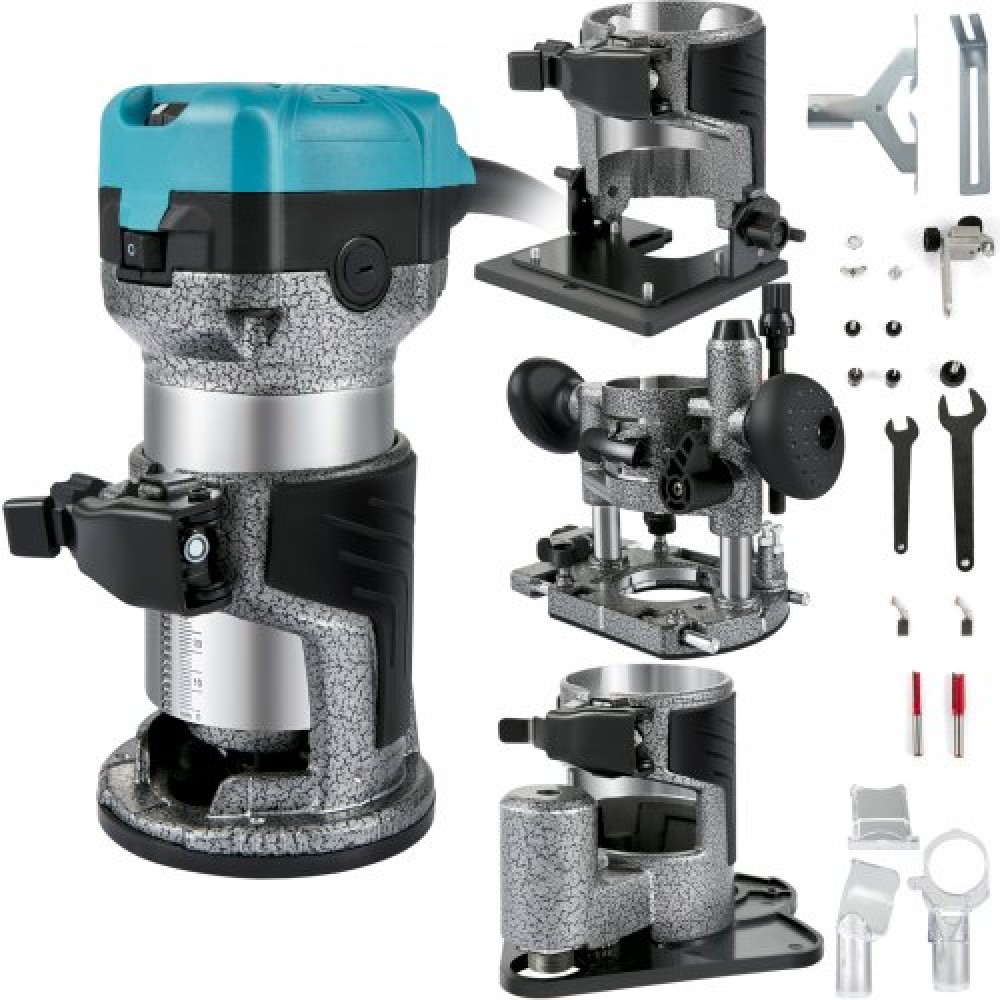 VEVOR Router Tool, 710W Wood Router, Router for Woodworking w/ 3 Router Collets, Wood Router Tool w/ Fixed & Plunge & Tilt & Offset Base, Woodworking Router w/ Aluminum Shell & Variable Rotating Speed