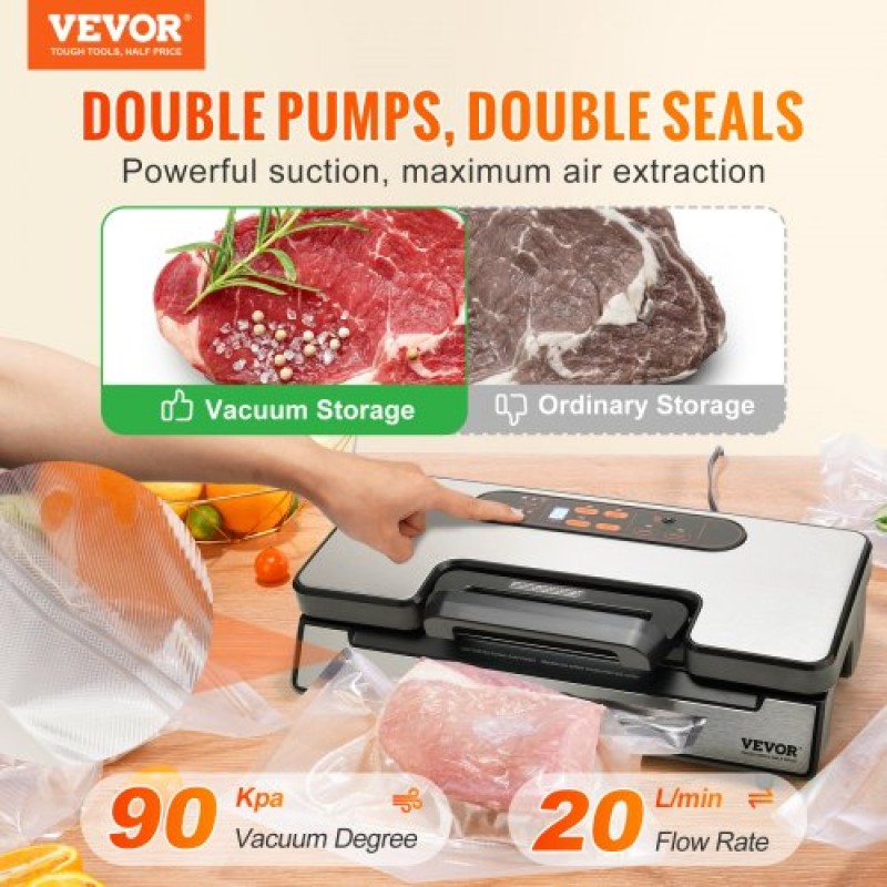 VEVOR Vacuum Sealer Μηχανή αποθήκευσης τροφίμων Εξοικονόμηση αποθήκευσης 90 Kpa με σακούλα σφραγίδας
