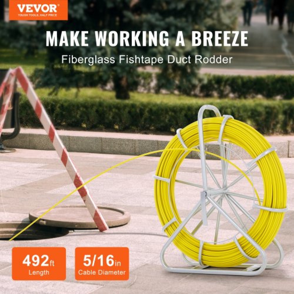 VEVOR Fish Tape Fiberglass, 150,3 m, 8,0 mm, Duct Rodder Fishtape Wire Puller, Cable Running Rod with Steel Roel Stand, 3 κεφαλές έλξης, Εργαλεία ψαρέματος για τοίχους και ηλεκτρικούς αγωγούς, μη αγώγιμο