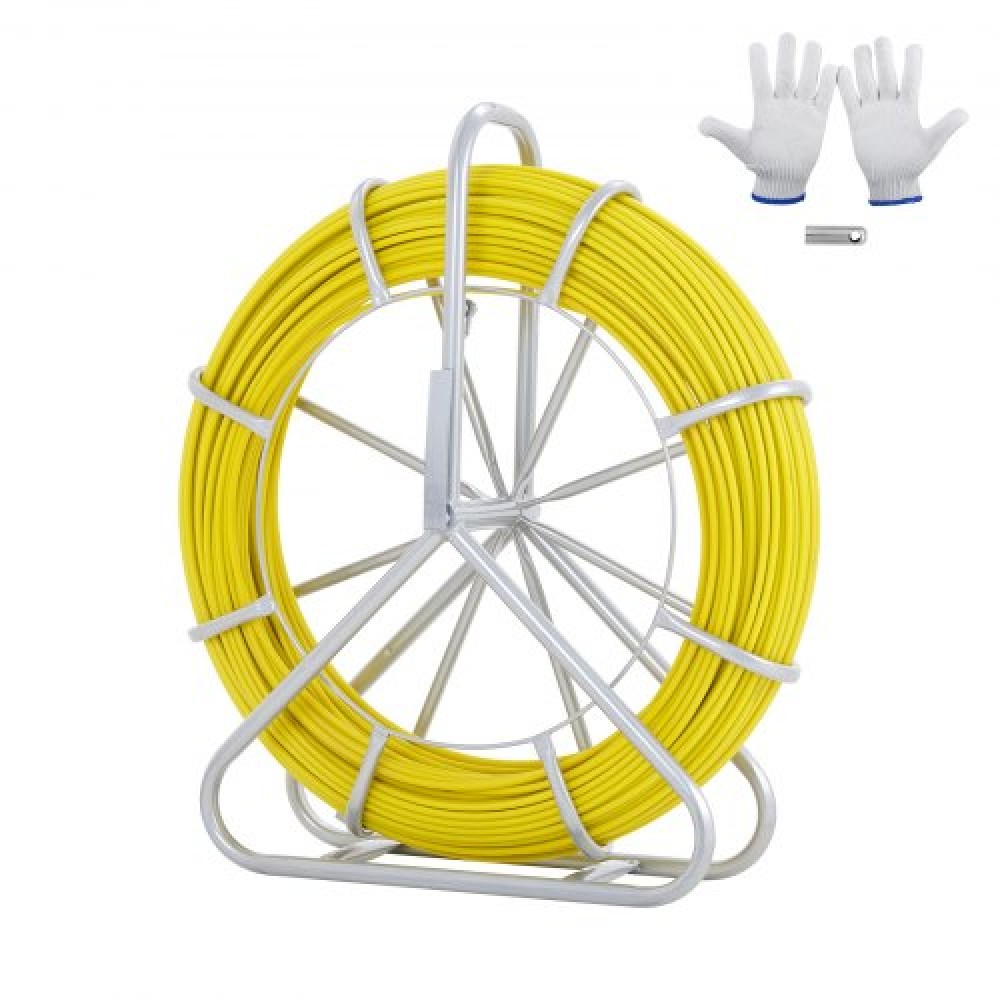 VEVOR Fish Tape Fiberglass, 150,3 m, 8,0 mm, Duct Rodder Fishtape Wire Puller, Cable Running Rod with Steel Roel Stand, 3 κεφαλές έλξης, Εργαλεία ψαρέματος για τοίχους και ηλεκτρικούς αγωγούς, μη αγώγιμο