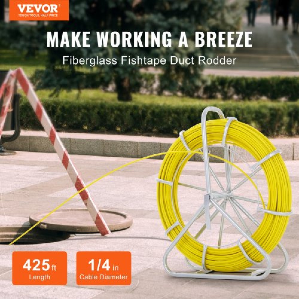 VEVOR Fish Tape Fiberglass, 129,5 m, 6,4 mm, Duct Rodder Fishtape Wire Puller, Cable Running Rod with Steel Roel Stand, 3 κεφαλές έλξης, Εργαλεία ψαρέματος για τοίχους και ηλεκτρικούς αγωγούς, μη αγώγιμο