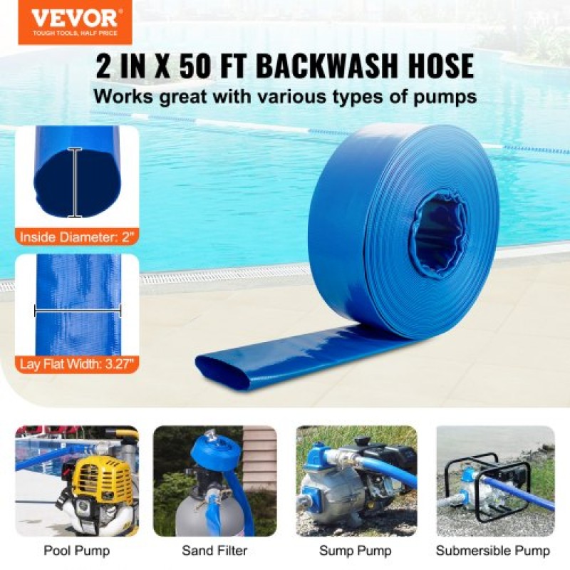 Εύκαμπτος σωλήνας VEVOR Backwash, 51 mm x 15,24 m, Επίπεδος εύκαμπτος σωλήνας εκκένωσης από PVC βαρέως τύπου με εξαρτήματα αλουμινίου Camlock C & E, σφιγκτήρες, συμβατός με αντλίες, φίλτρα άμμου, για αποχέτευση λυμάτων πισινών, μπλε