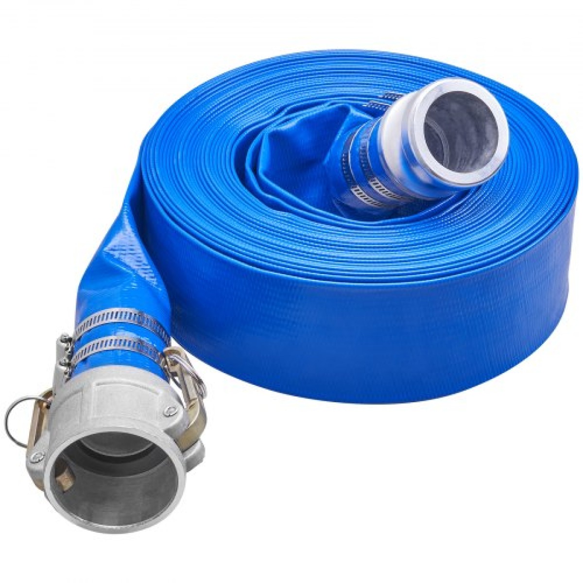 Εύκαμπτος σωλήνας VEVOR Backwash, 51 mm x 15,24 m, Επίπεδος εύκαμπτος σωλήνας εκκένωσης από PVC βαρέως τύπου με εξαρτήματα αλουμινίου Camlock C & E, σφιγκτήρες, συμβατός με αντλίες, φίλτρα άμμου, για αποχέτευση λυμάτων πισινών, μπλε