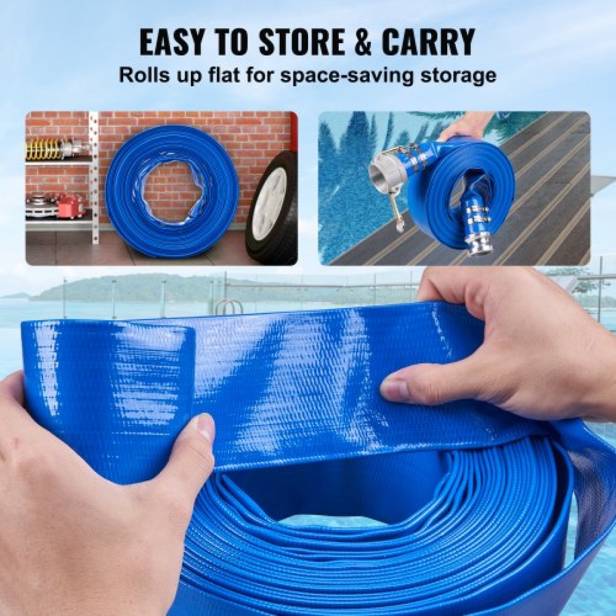 Εύκαμπτος σωλήνας VEVOR Backwash, 51 mm x 15,24 m, Επίπεδος εύκαμπτος σωλήνας εκκένωσης από PVC βαρέως τύπου με εξαρτήματα αλουμινίου Camlock C & E, σφιγκτήρες, συμβατός με αντλίες, φίλτρα άμμου, για αποχέτευση λυμάτων πισινών, μπλε