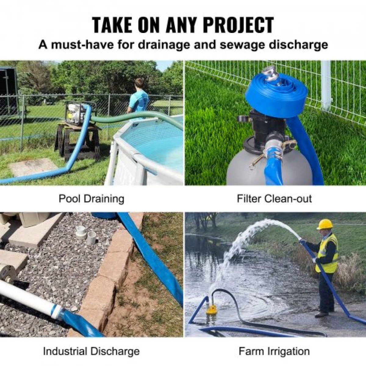 Εύκαμπτος σωλήνας VEVOR Backwash, 51 mm x 15,24 m, Επίπεδος εύκαμπτος σωλήνας εκκένωσης από PVC βαρέως τύπου με εξαρτήματα αλουμινίου Camlock C & E, σφιγκτήρες, συμβατός με αντλίες, φίλτρα άμμου, για αποχέτευση λυμάτων πισινών, μπλε