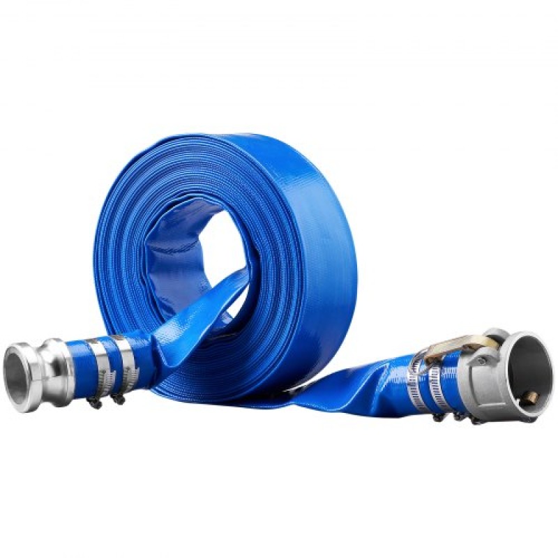 Εύκαμπτος σωλήνας VEVOR Backwash, 51 mm x 15,24 m, Επίπεδος εύκαμπτος σωλήνας εκκένωσης από PVC βαρέως τύπου με εξαρτήματα αλουμινίου Camlock C & E, σφιγκτήρες, συμβατός με αντλίες, φίλτρα άμμου, για αποχέτευση λυμάτων πισινών, μπλε