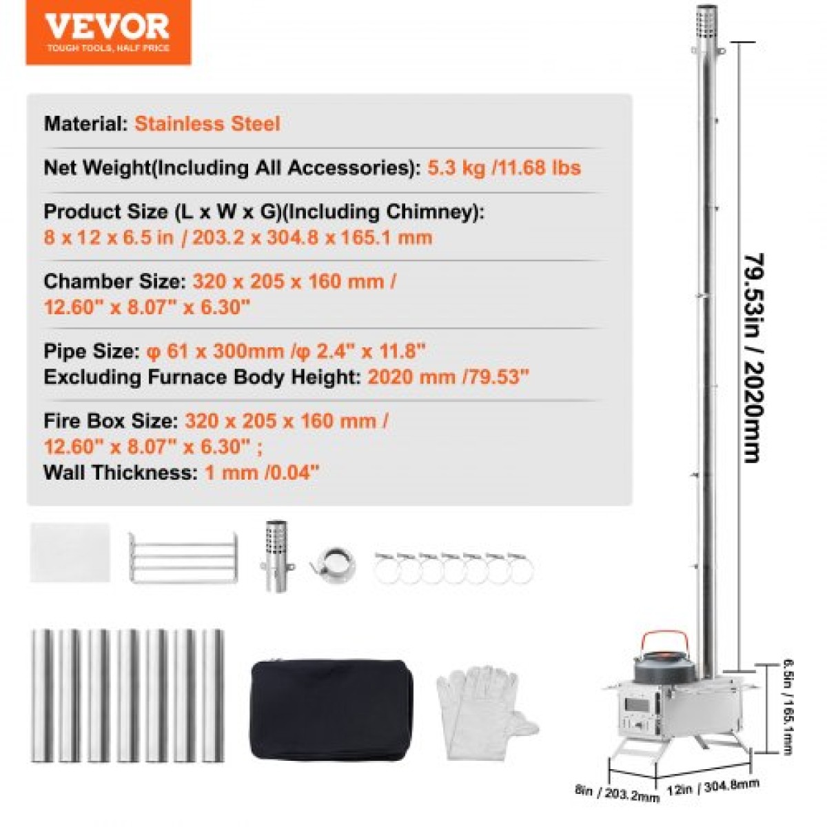 Σόμπα Ξύλου VEVOR, 203,20 cm, Σόμπα από ανοξείδωτο ατσάλι, Φορητή ξυλόσομπα με σωλήνες και γάντια καπνοδόχου, 11471 cm³ Ζεστή εστία σκηνής Firebox για μαγείρεμα και θέρμανση εξωτερικού χώρου με 8 σωλήνες
