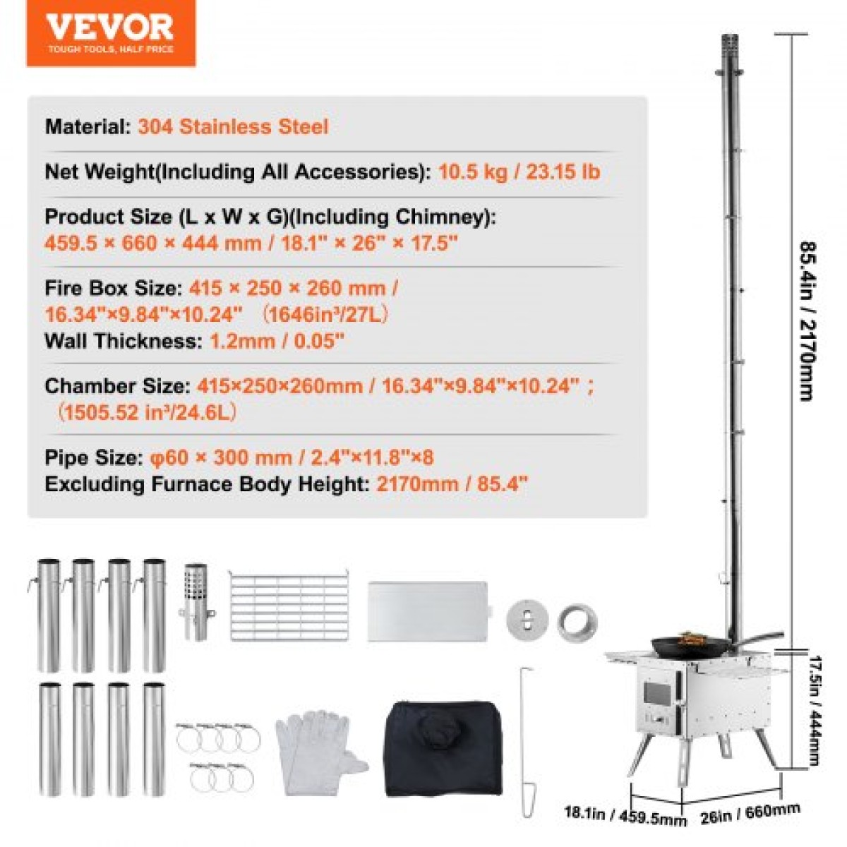 Ξυλόσομπα VEVOR, 218,44 cm, Σόμπα από ανοξείδωτο ατσάλι, Φορητή ξυλόσομπα με σωλήνες και γάντια καπνοδόχου, 49161,3 cm³ Ζεστή εστία σκηνής Firebox για μαγείρεμα και θέρμανση εξωτερικού χώρου με 8 σωλήνες