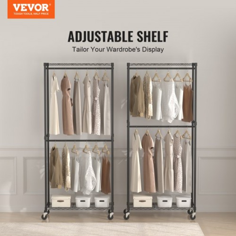 Σχάρα ρούχων VEVOR Heavy Duty, Διπλές ράβδοι κρεμαστάς Ράφι ρούχων με κάτω και επάνω επίπεδο αποθήκευσης, κυλιόμενη βάση ρούχων για κρεμαστά ρούχα, 2,5 εκ. Πάχος χαλύβδινος σωλήνας συγκράτησης έως 136,1 κιλά