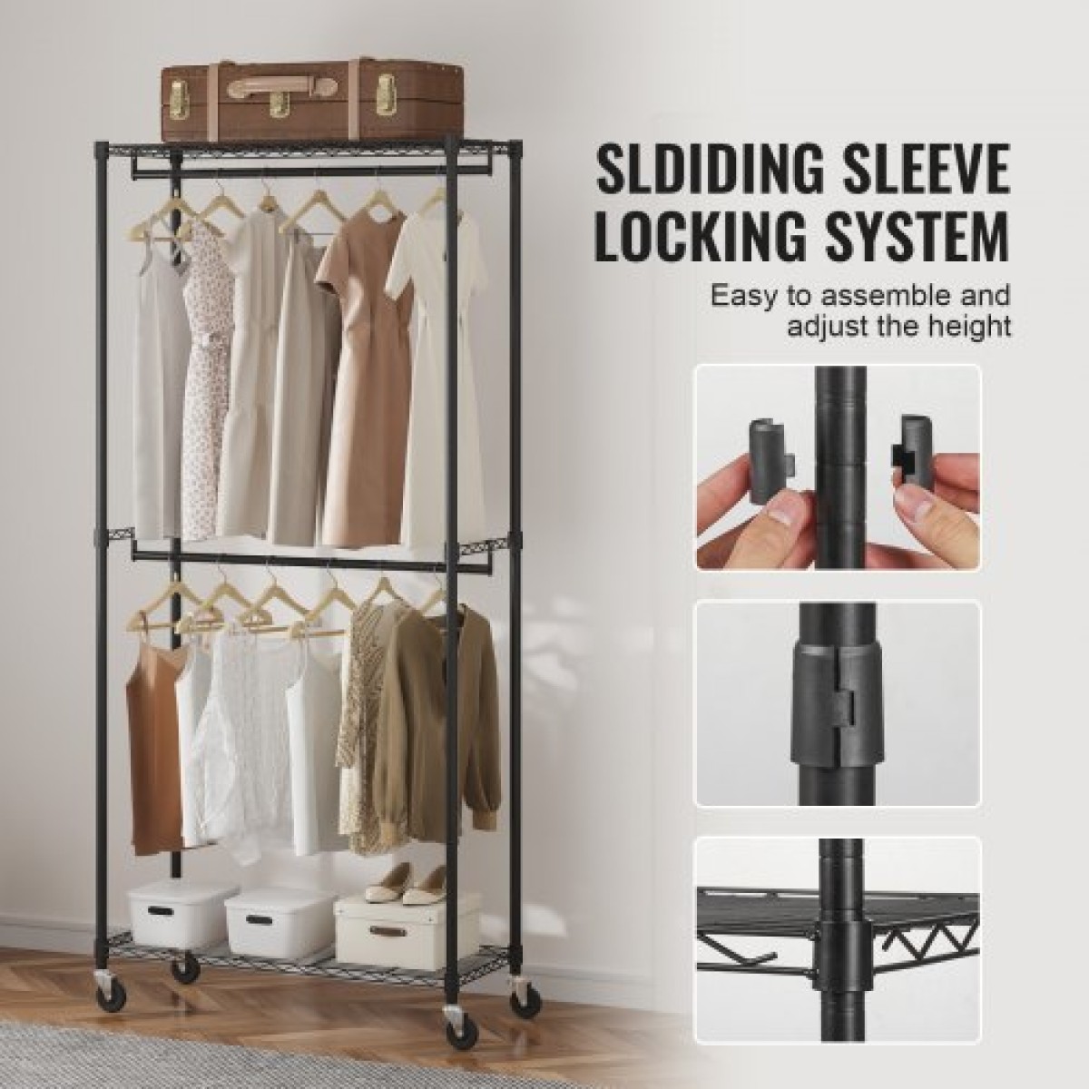 Σχάρα ρούχων VEVOR Heavy Duty, Διπλές ράβδοι κρεμαστάς Ράφι ρούχων με κάτω και επάνω επίπεδο αποθήκευσης, κυλιόμενη βάση ρούχων για κρεμαστά ρούχα, 2,5 εκ. Πάχος χαλύβδινος σωλήνας συγκράτησης έως 136,1 κιλά