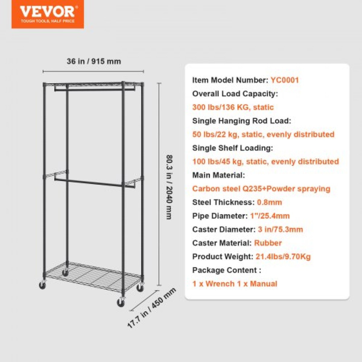 Σχάρα ρούχων VEVOR Heavy Duty, Διπλές ράβδοι κρεμαστάς Ράφι ρούχων με κάτω και επάνω επίπεδο αποθήκευσης, κυλιόμενη βάση ρούχων για κρεμαστά ρούχα, 2,5 εκ. Πάχος χαλύβδινος σωλήνας συγκράτησης έως 136,1 κιλά