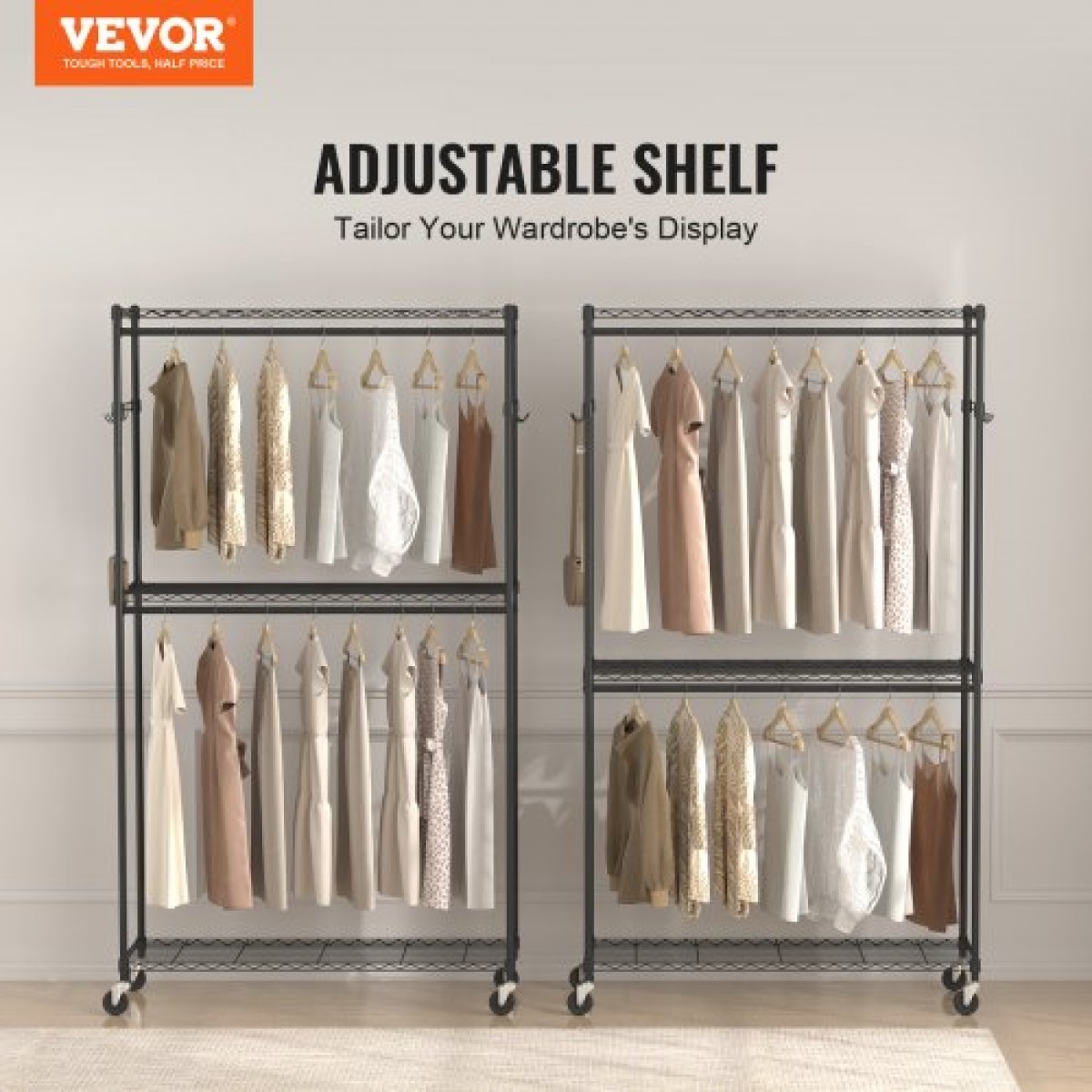 Βάση ρούχων VEVOR Heavy Duty, ράφι ρούχων κυλιόμενο με 3 στρώσεις αποθήκευσης, 2 ράβδους και 2 ζευγάρια πλαϊνούς γάντζους, Ρυθμιζόμενο ύψος ντουλάπα για κρεμασμένα ρούχα, χωρητικότητα φόρτωσης 400 λίβρες