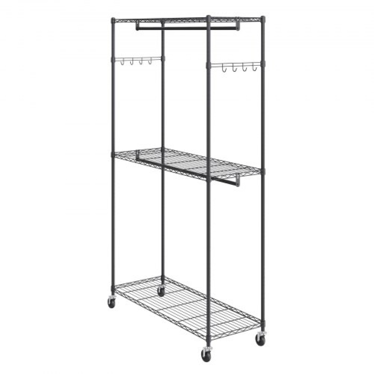 Βάση ρούχων VEVOR Heavy Duty, ράφι ρούχων κυλιόμενο με 3 στρώσεις αποθήκευσης, 2 ράβδους και 2 ζευγάρια πλαϊνούς γάντζους, Ρυθμιζόμενο ύψος ντουλάπα για κρεμασμένα ρούχα, χωρητικότητα φόρτωσης 400 λίβρες