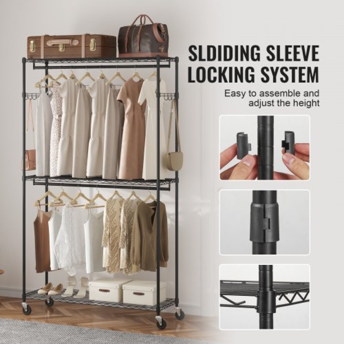 Βάση ρούχων VEVOR Heavy Duty, ράφι ρούχων κυλιόμενο με 3 στρώσεις αποθήκευσης, 2 ράβδους και 2 ζευγάρια πλαϊνούς γάντζους, Ρυθμιζόμενο ύψος ντουλάπα για κρεμασμένα ρούχα, χωρητικότητα φόρτωσης 400 λίβρες