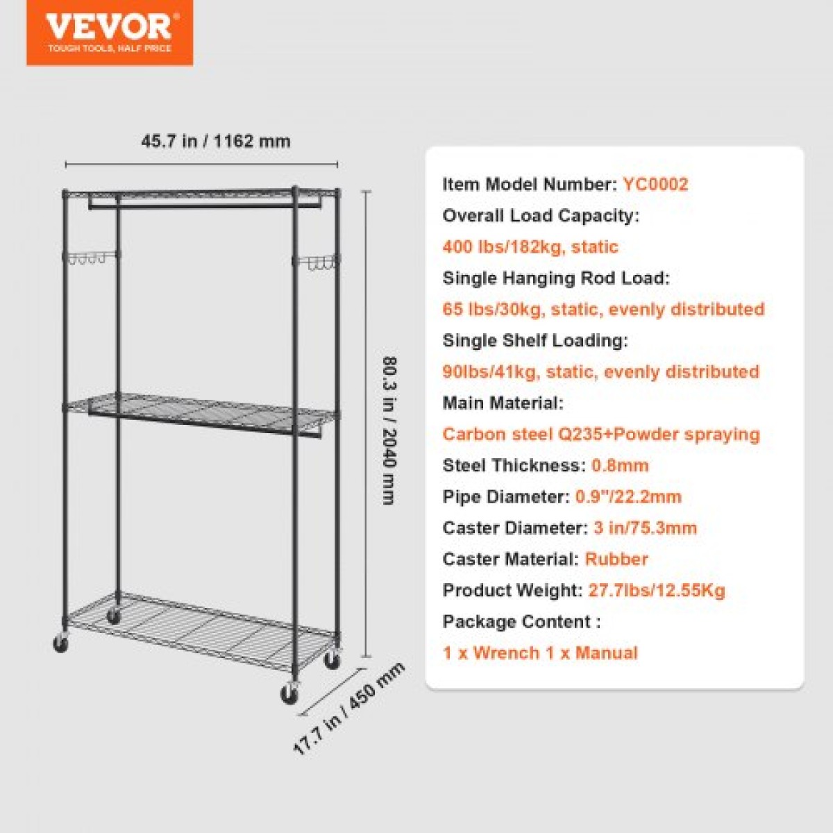 Βάση ρούχων VEVOR Heavy Duty, ράφι ρούχων κυλιόμενο με 3 στρώσεις αποθήκευσης, 2 ράβδους και 2 ζευγάρια πλαϊνούς γάντζους, Ρυθμιζόμενο ύψος ντουλάπα για κρεμασμένα ρούχα, χωρητικότητα φόρτωσης 400 λίβρες