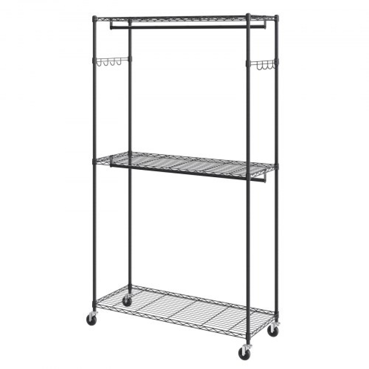 Βάση ρούχων VEVOR Heavy Duty, ράφι ρούχων κυλιόμενο με 3 στρώσεις αποθήκευσης, 2 ράβδους και 2 ζευγάρια πλαϊνούς γάντζους, Ρυθμιζόμενο ύψος ντουλάπα για κρεμασμένα ρούχα, χωρητικότητα φόρτωσης 400 λίβρες