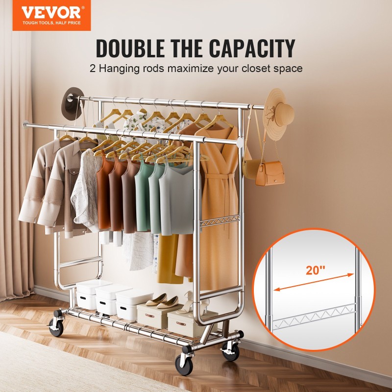 Σχάρα ρούχων VEVOR Heavy Duty, ράφι ρούχων με διπλή ράβδο για κρεμάστρα, ράφι ρούχων με ρυθμιζόμενο ύψος και εκτεινόμενο μήκος με χώρο αποθήκευσης κάτω, χωρητικότητα 272,2 kg