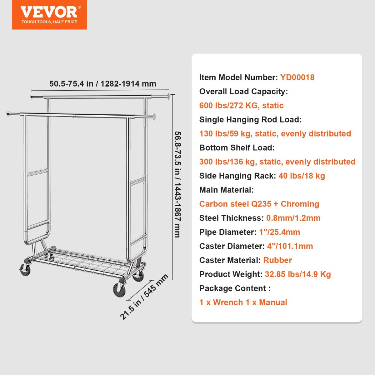 Σχάρα ρούχων VEVOR Heavy Duty, ράφι ρούχων με διπλή ράβδο για κρεμάστρα, ράφι ρούχων με ρυθμιζόμενο ύψος και εκτεινόμενο μήκος με χώρο αποθήκευσης κάτω, χωρητικότητα 272,2 kg