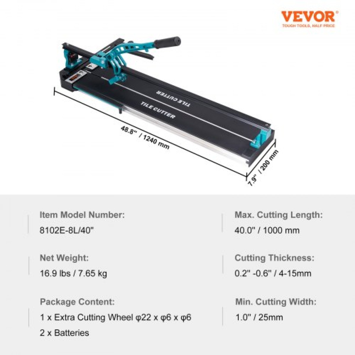 VEVOR Χειροκίνητος κόφτης πλακιδίων, 1000mm, Κόφτης κεραμικών πλακιδίων πορσελάνης με τροχό κοπής καρβιδίου βολφραμίου, τοποθέτηση υπέρυθρης ακτινοβολίας, αντιολισθητικά πόδια, ανθεκτικές ράγες για επαγγελματίες εγκαταστάτες ή αρχάριους