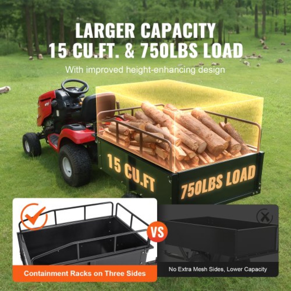 VEVOR Heavy Duty ATV Trailer Steel Dump Cart, 340 kg 0,43 κυβικά μέτρα, Garden Utility Trailer with Removable Sides for Riding Lawn Mower Tractor