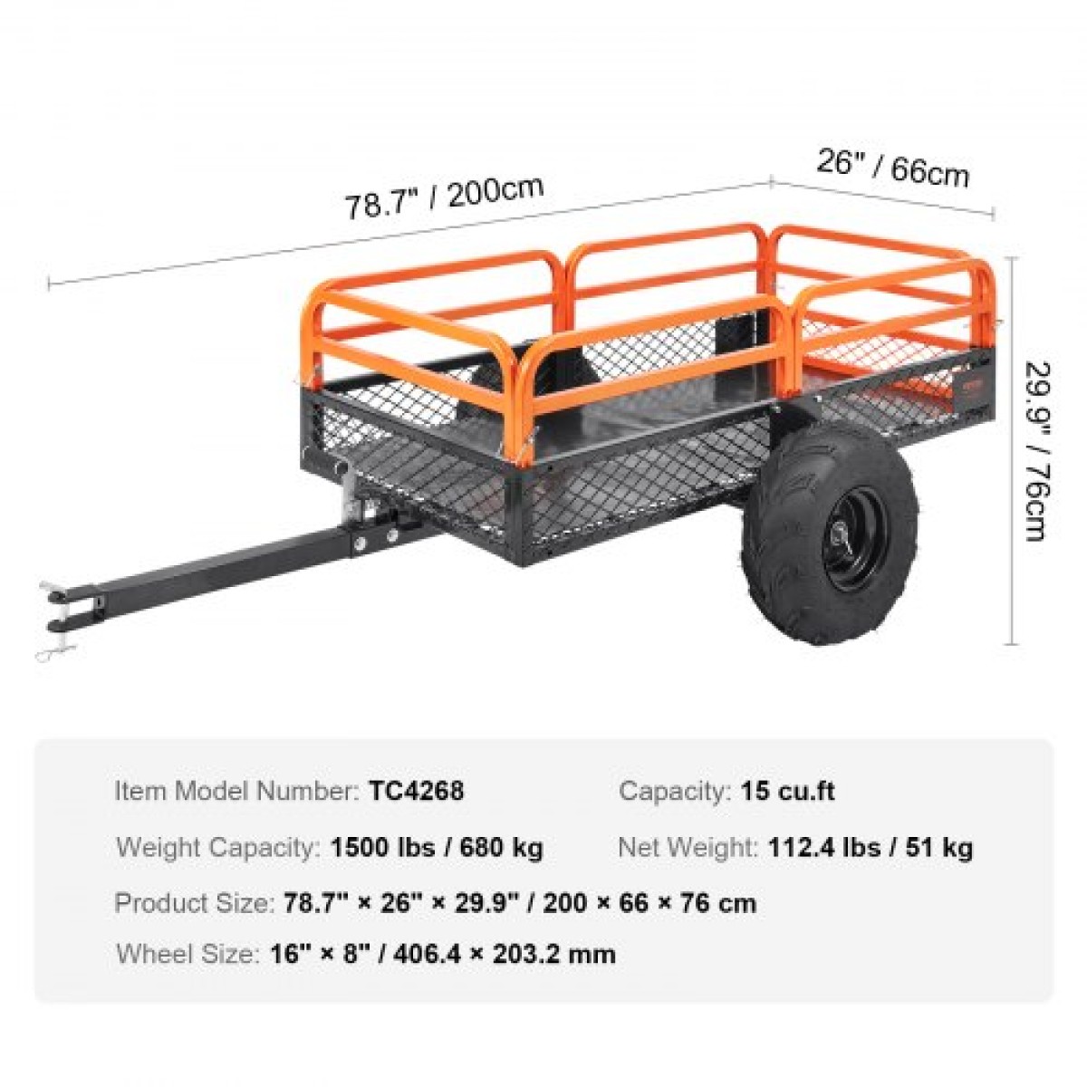 VEVOR Heavy Duty Steel ATV Dump Trailer, 680 kg Χωρητικότητα φόρτωσης 0,43 κυβικά μέτρα, ρυμουλκούμενο πίσω από αμαξίδιο κήπου, με αφαιρούμενα πλαϊνά και 2 ελαστικά, για χλοοκοπτικά, τρακτέρ, ATV, UTV